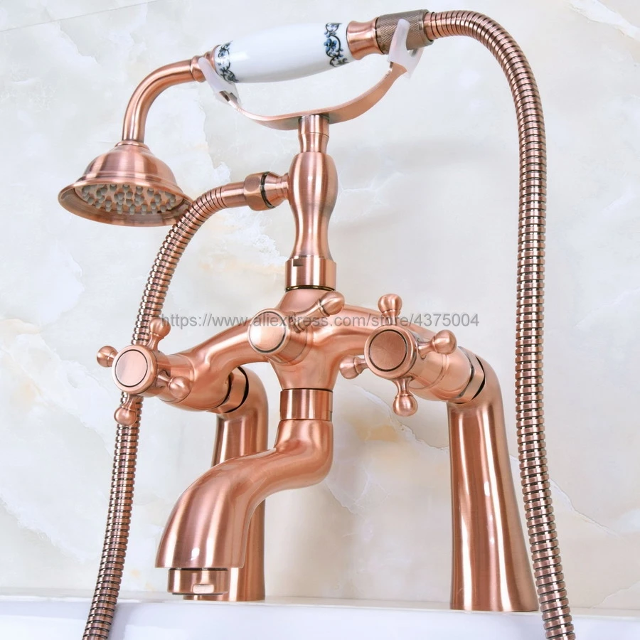 Antique Red Copper Bathtub Faucet Wall Mount Handheld Bath Tub Mixer System with Handshower Telephone Style Nna155