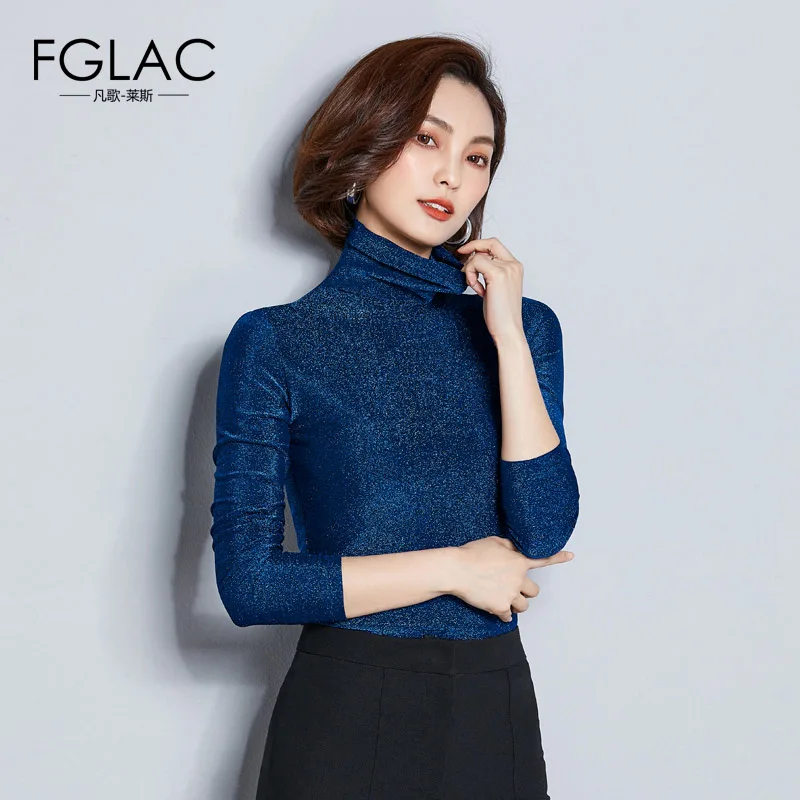 FGLAC Women t-shirts New Arrivals 2018 Autumn long sleeve Turtleneck Mesh tops Elegant Slim Solid color plus size women shirt