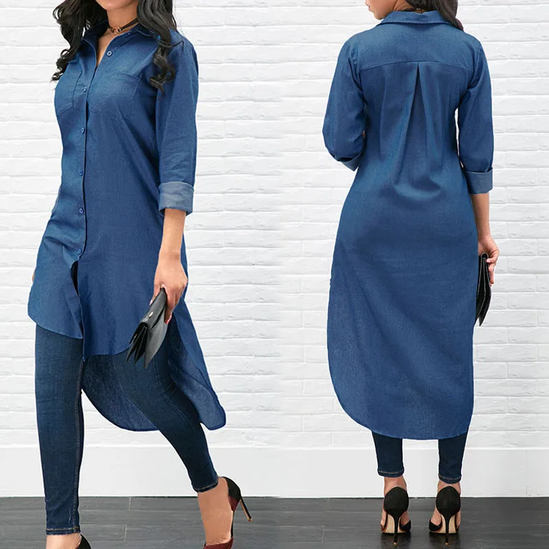 

Women Casual Long Sleeve Jeans Shirt Turn Down Collar Long Denim Tops H9