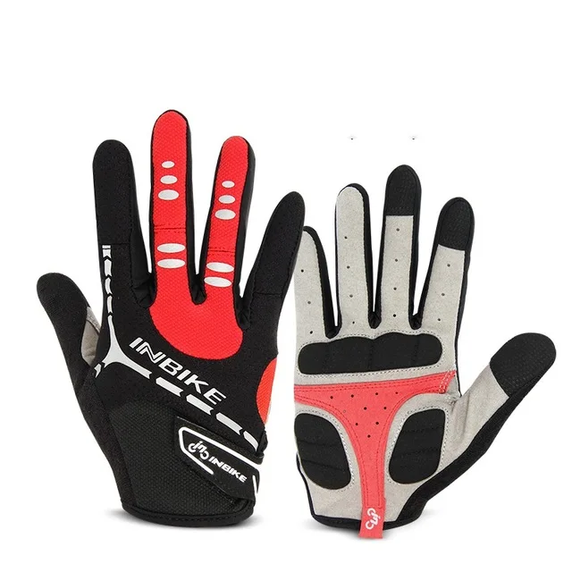 INBIKE перчатки для велоспорта с сенсорным экраном велосипедные спортивные противоударные перчатки для мужчин и женщин MTB дорожный велосипедный ветрозащитный полный палец перчатки для телефона - Цвет: Красный