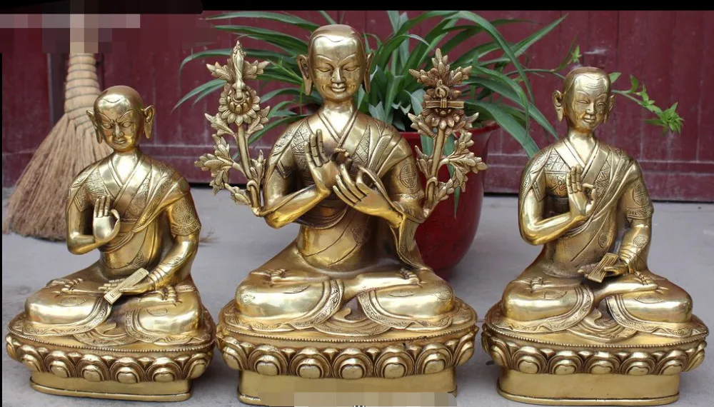 

5"Tibet Buddhism Brass Je Tsongkhapa Protector Deity On Lotus Buddha Statue Set R0711 Discount 35%