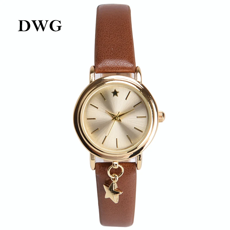 DWG New Women Watch Brown Leather Band Quartz Watch Lovely Star Pendant Watches Gold Case Small