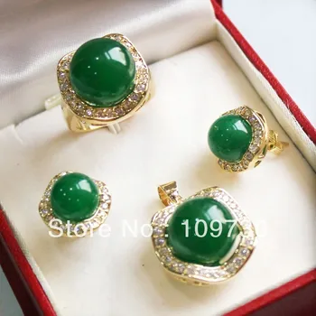 

Jewelry 0021 Set 10mm &14mm Green jade Earrings Necklace Ring size 7 8 9 can choose 5.4
