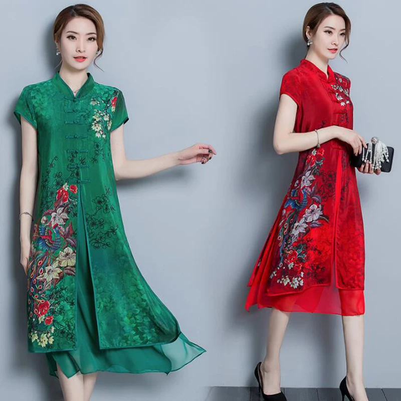 Темпераментное элегантное женское платье с принтом новое летнее высококачественное двухшелковое улучшенное платье Чонсам с коротким рукавом плюс размер
