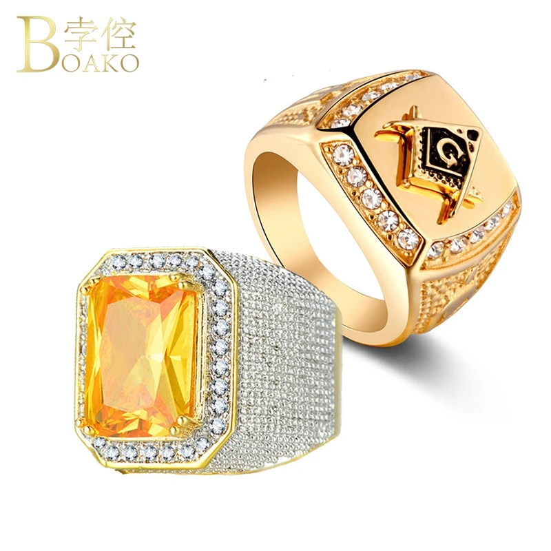

BOAKO Big Rings fow Women/Men Freemason Ring Statement Gold Zircon Stone Ring Luxury Wide Party anillo hombre Rapper Z5