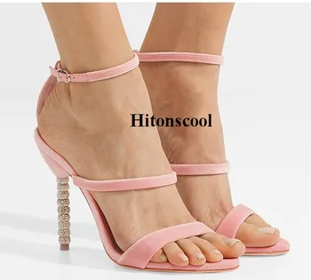 

2019 Women Thigh High Heels Sandals Ankle Strap Summer Rabbit Hair Back Zipper Wedding Shoes Fashion Pearls sandalia feminina 42