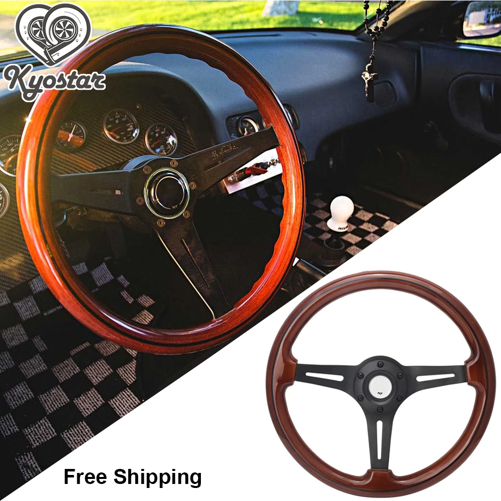 

14" Racing Car Wood Steering Wheel with Black Aluminum Spoke Universal 350mm Brown Wood Grain Steering Wheel