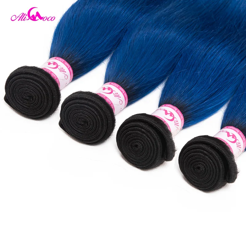 Ali Coco Brazilian Straight Hair 1/3/4 Bundles 1B/Blue Color 100% Human Hair Weave Extensions 10-30 Inch Remy Hair Weave Bundles