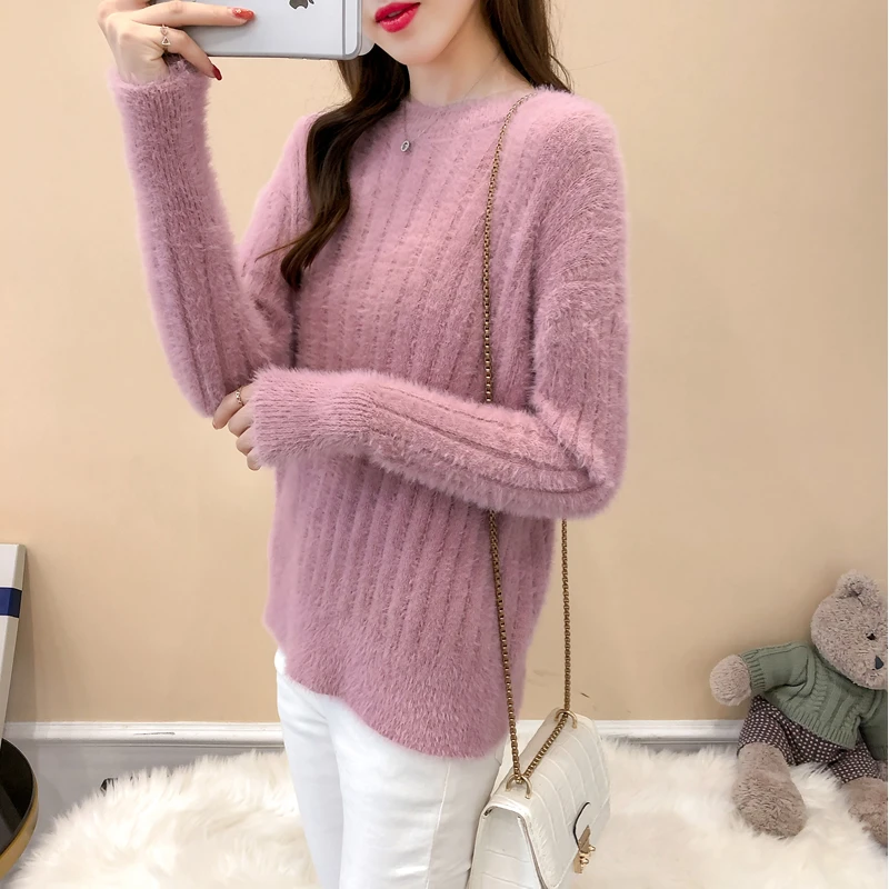 Mohair Pullover Sweater Woman Knitted Sweaters Long Sleeve Loose O Neck ...