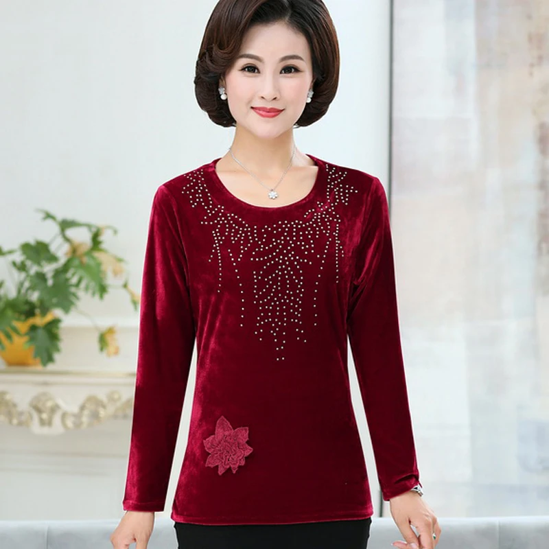 

Velvet Top For Women Long Sleeve T shirt Bottoming Shirt Spring Fall Diamond Pullover O-Neck 5XL 4XL Plus Size Mother Clothing
