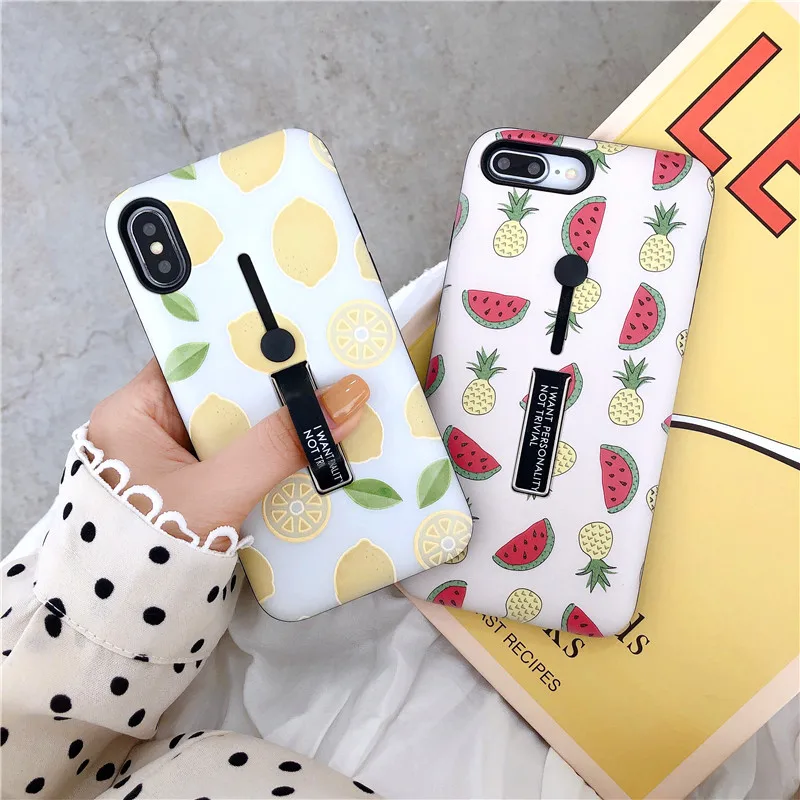 

For iphone 7 7 Plus 8 Plus X XS MAX XR fruits watermelon lemon pineapple Loop Ring Phone Cases For iphone 7 Case Stand Cover