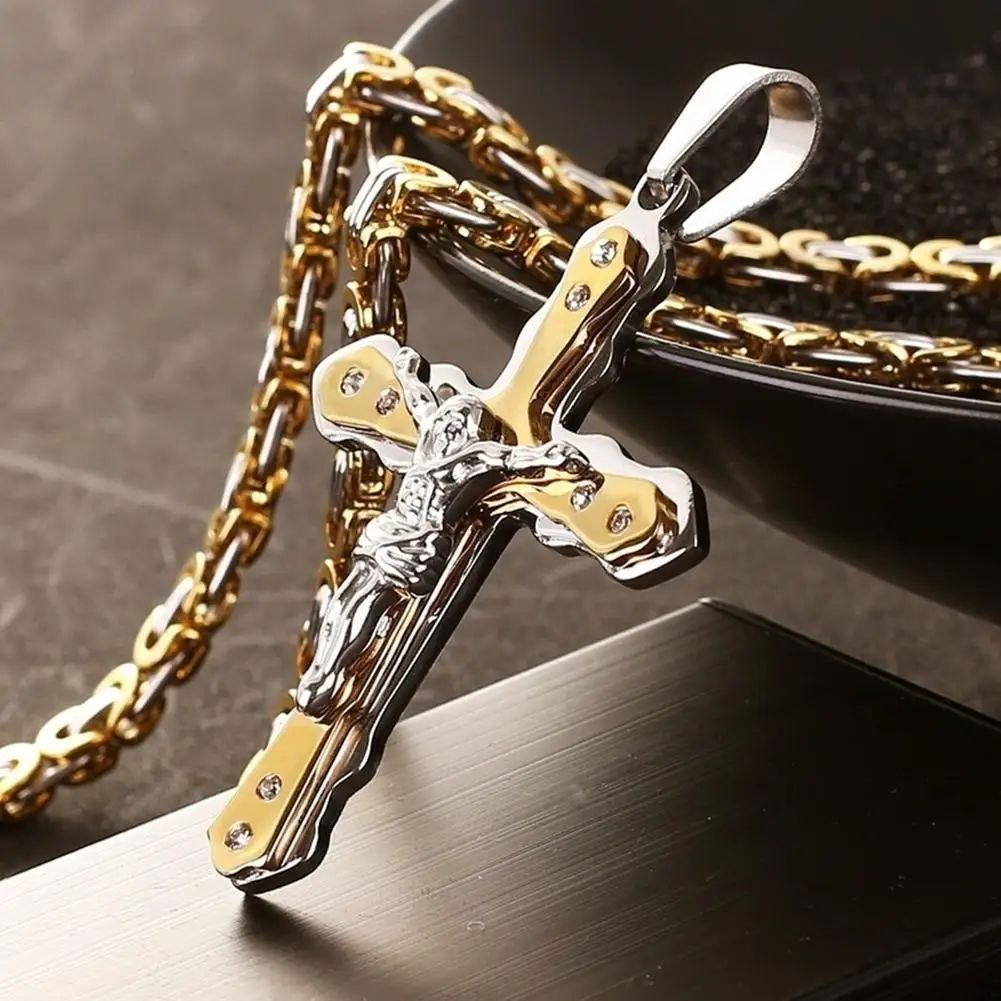 Jesus Cross Rhinestone Inlaid Pendant Necklace Men Religious Faith