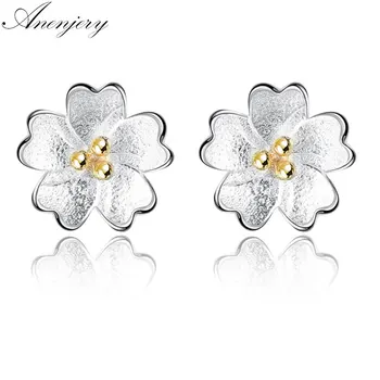 

ANENJERY Silver Color Cheery Flower Earrings Sweet Simple Earrings For Women Girl brincos S-E209