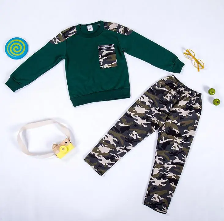 TANGUOANT/комплект повседневной одежды для мальчиков и девочек, камуфляжная форма, детская одежда, комплект одежды, детская хлопковая толстовка с длинными рукавами+ штаны - Цвет: Зеленый