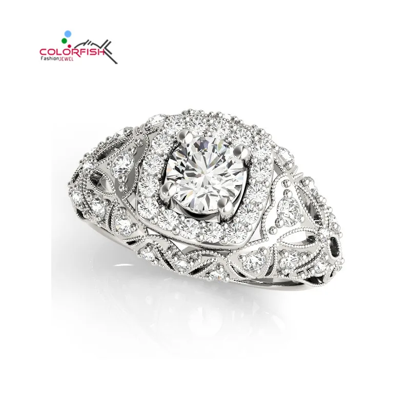 

COLORFISH Vintage Jewelry 925 Sterling Silver Halo Engagement Ring for Women Brilliant Round 0.5 ct Sona Simulated Wedding Ring