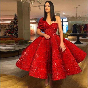 

Red Muslim Evening Dresses Ball Gown One-shulder Tea Length Sequins Islamic Dubai Kaftan Saudi Arabic Long Evening Gown