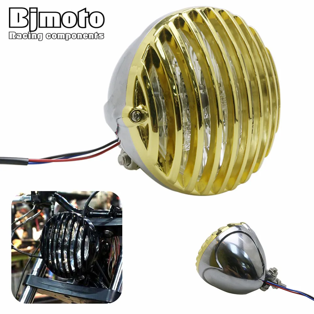 

HL-022B-PL-GO 5'' Motorcycle Headlight Halogen Scalloped Finned Grill Grille Headlight For Harley Chopper Bobber Racer Custom