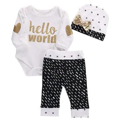 

3PCS Newborn Baby Girl Boy Gold Hello World Top Bodysuit Pants Leggings Hat Outfits Set Baby Clothing