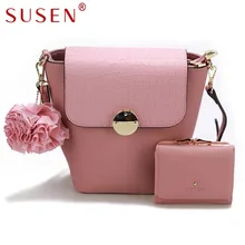 SUSEN 1140 Women Handle Shoulder Bag with Same Color Purse 2 Pcs Set Cover Closure Solid