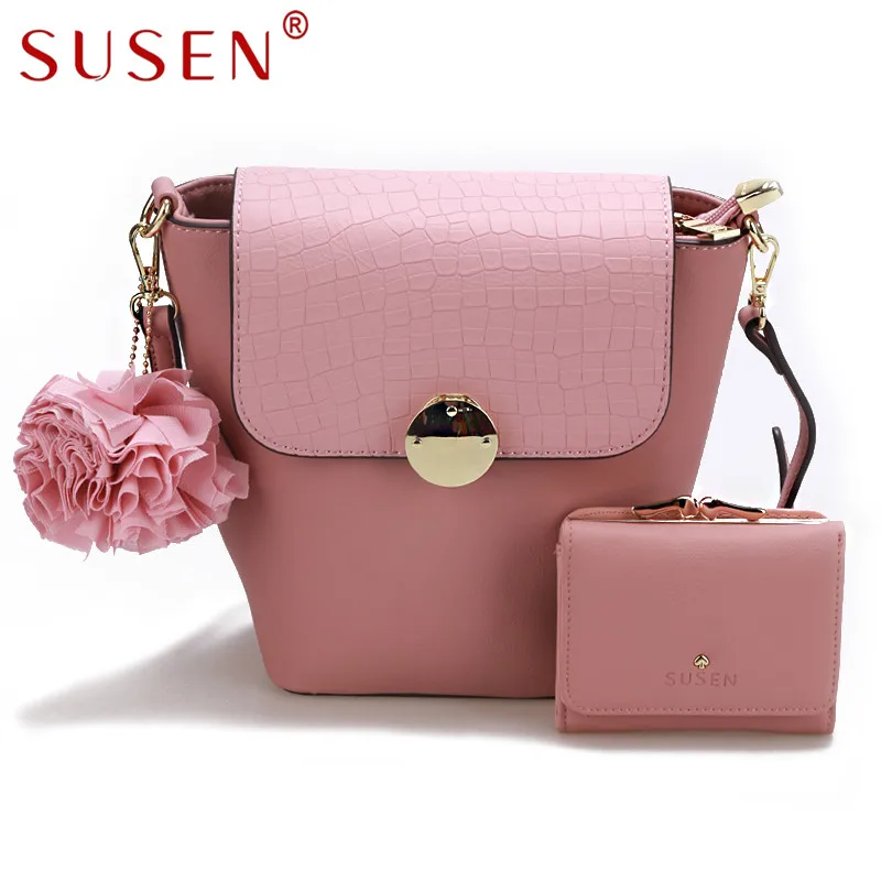 SUSEN 1140 Women Handle Shoulder Bag with Same Color Purse 2 Pcs font b Set b