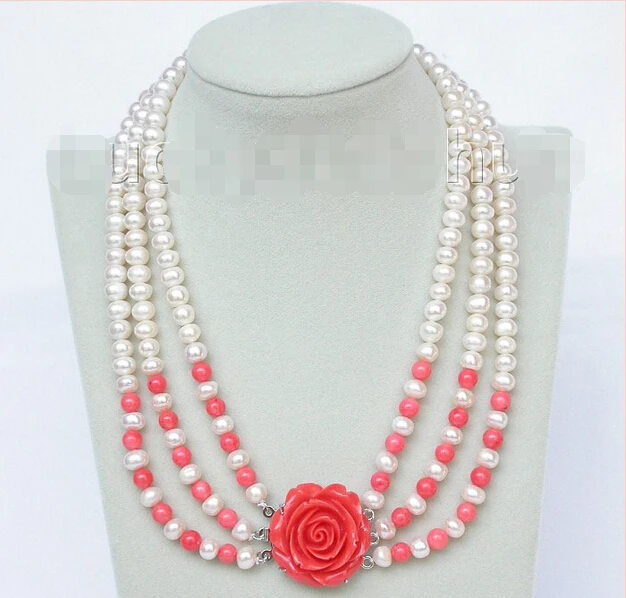 

FREE shipping>>>>17"-20" 8mm 3row round white freshwater pearls pink coral necklace j8833