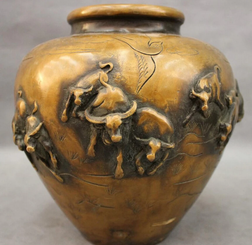 

song voge gem S3147 8" Folk Chinese Bronze Year Zodiac Animals Bird Bull Ox Statue Pot Jar Jug Tank