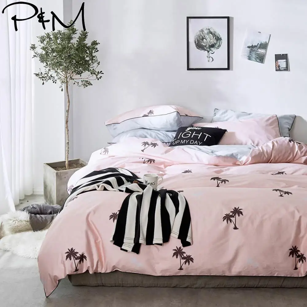

2019 Brown Trees Pink Print Duvet Cover Set Flat Fitted Sheet Cotton Bedlinens Hypoallergenic Twin Queen King Bedlinens