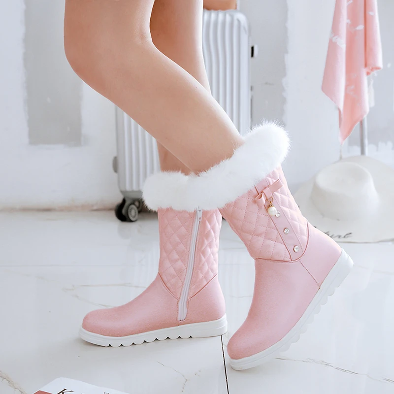 NEW fashion warm Mid-Calf snow boots women round toe soft leather warm Rabbit Fur winter thick fur ladies winter shoes