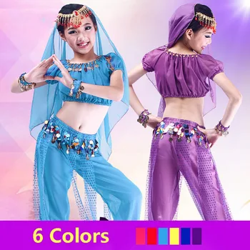 

2018 Girls Children Kids Belly Dance Costumes 2Pcs 4Pcs(Top+Veil+Bracelets+Pant) Silk Veil Belly Dance Indian Gypsy Costumes