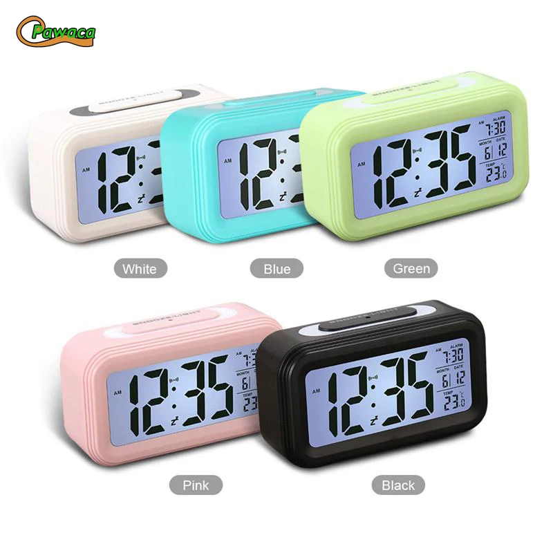 LCD Display Digital Alarm Clock Time Snooze Function Electronic BackLight Sensor Night Light Office Table Student Kids Clock