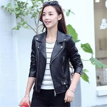 

2019 New Spring Autumn Women PU Leather Jacket Faux Soft Leather Biker Coat Female Slim Zipper Streetwear Motor Jacket K215