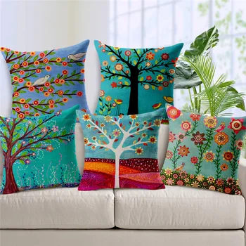 

Country Throw Cushion Cover Colorful Painting Flowers Pillowcase Bird Tree Plant Home Decor Outdoor Living Room Garden Pillows