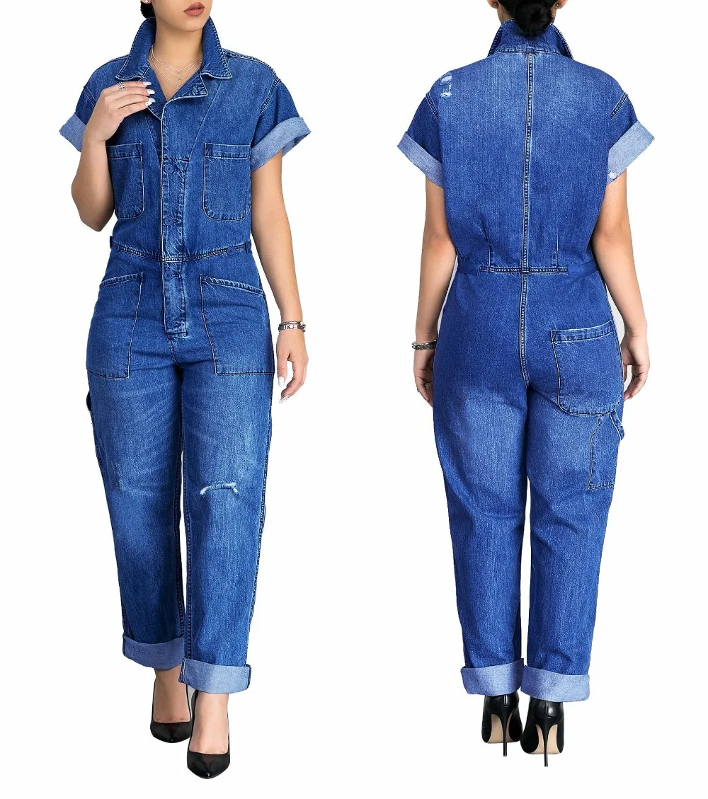 Ripped Rolled Up Short Sleeve Jeans Jumpsuit Plus Size With Buttons Pockets Casual Long Denim