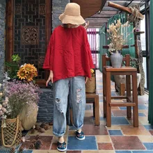 Johnature Women Autumn Red T-Shirts Flare Sleeve O-Neck Casual Clothes New Loose Women Linen Original Vintage T-Shirts