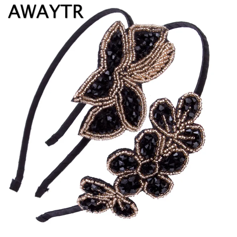 AWAYTR Women Beaded Flapper Headband Leaf Vintage 1920s Inspired Hairband New Black Side Flower Hair Band Girls Hair Accessories