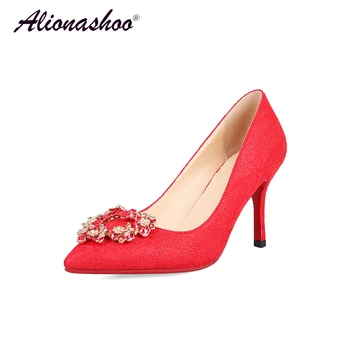 

Wedding Shoes Bride Plus Size 34-40 Red Shallow Ethnic Women Shoes four Seasons Fashion Silk Pointed Toe Super Thin High Pumps