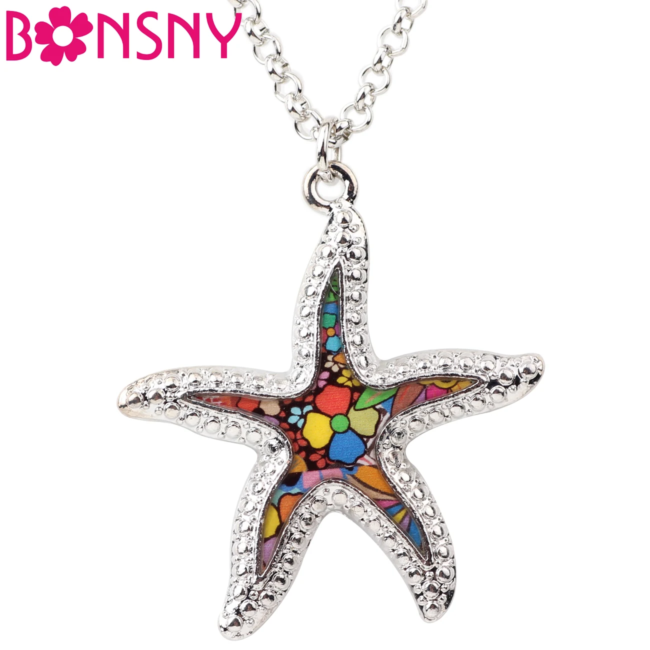 Bonsny Enamel Alloy Ocean Animal Starfish Necklace Pendant Chain Choker
