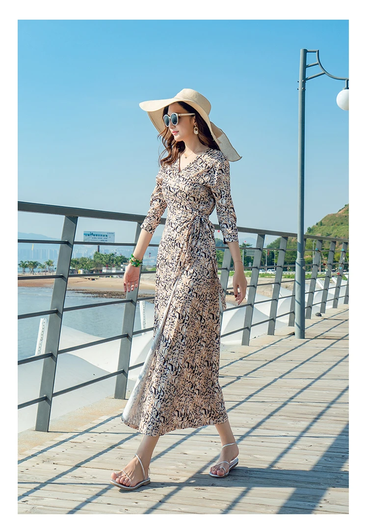 Летнее Новое поступление модное женское длинное платье с v-образным вырезом и рукавом три четверти с леопардовым принтом и цветочным принтом