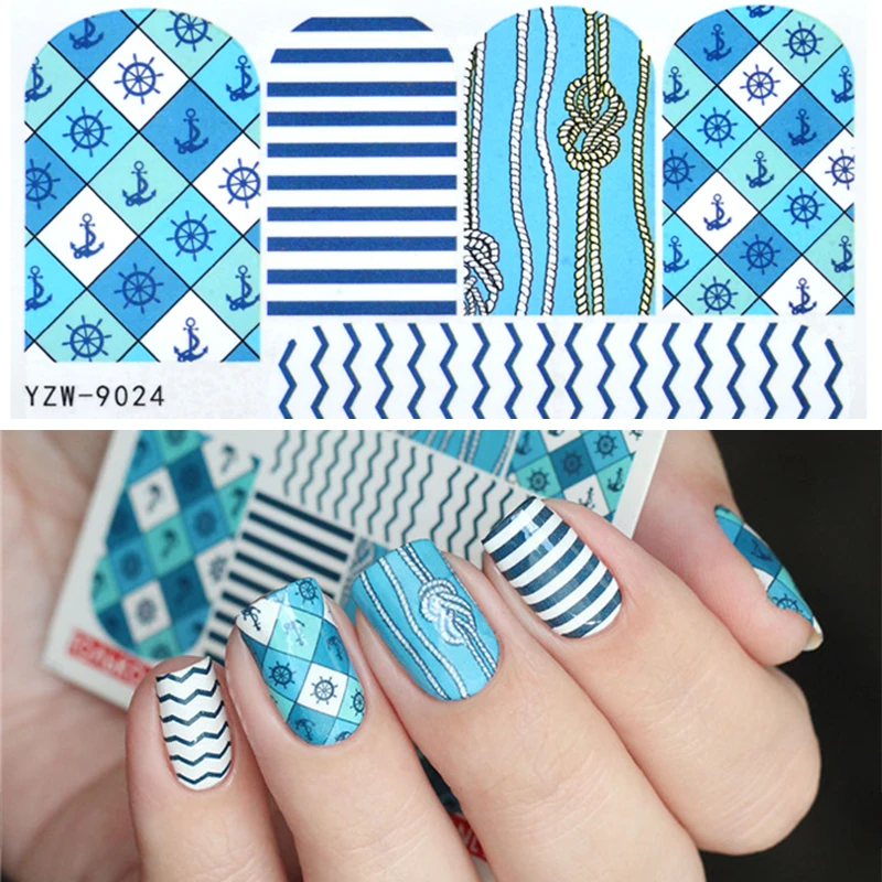 YZWLE, 1 лист, наклейки для ногтей, морской узор, переводные наклейки для ногтей, наклейка на руль, водная горка