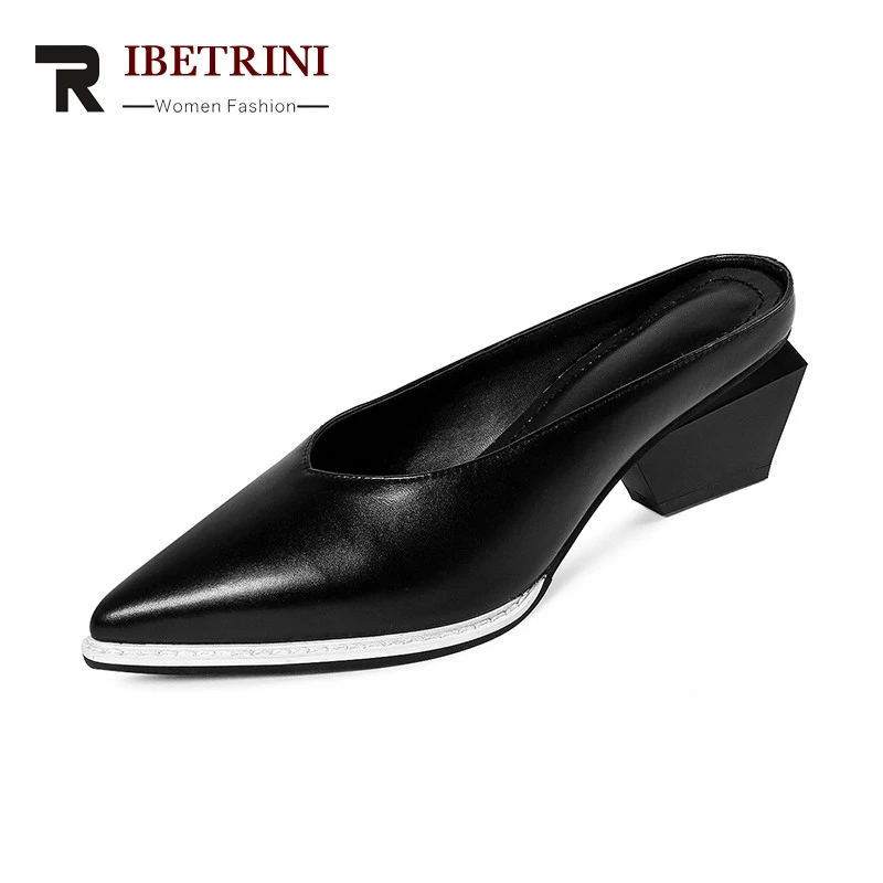 

RIBETRINI 2019 summer brand black cow leather mules high strange heels slip-on shoes woman pointed toe lady casual shoe