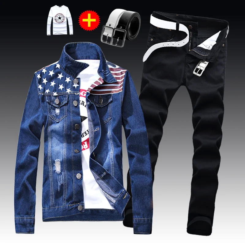 Spring Autumn Mens Slim Fit Denim Jacket Pants Long Sleeve Coat Casual 2pcs Set Buttons Front 5