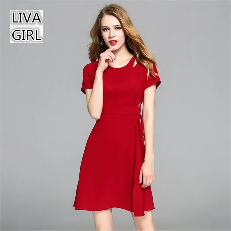 Una línea vestido rojo sólido 2017 de alta calidad de las mujeres Vestido  de manga corta con cinturón cremallera cintura delgada partido Vestidos rojo  o cuello vestidos|sleeve dress|dress withdress with belt -