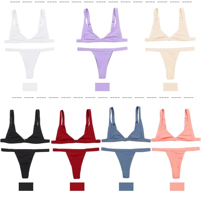 

Sexy Colorful Wide Strap Swimming Suit For Women Solid Breathable Halter Unpadded Bra Bathing Suit High-Quality Low Waist Bikini