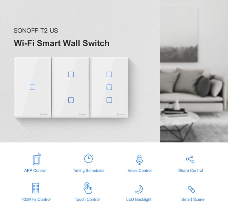 SONOFF T2US EU/UK TX Smart Wifi сенсорный настенный выключатель света с рамкой умный дом 1~ 3 банды 433 RF/Voice/APP Управление работает с Alexa