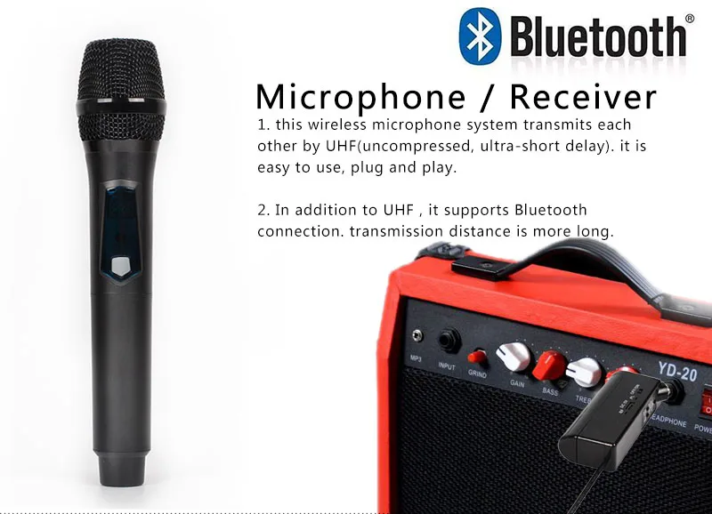 Беспроводная микрофонная система с портативным приемником 1/4 ''1/8'' выход Bluetooth регулируемые каналы UHF для церкви, свадьбы