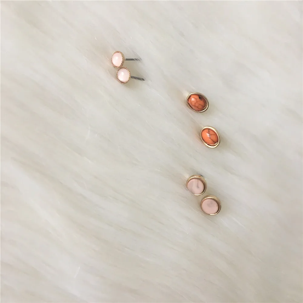 

Gold color plating small pink marble stone stud earring set for women