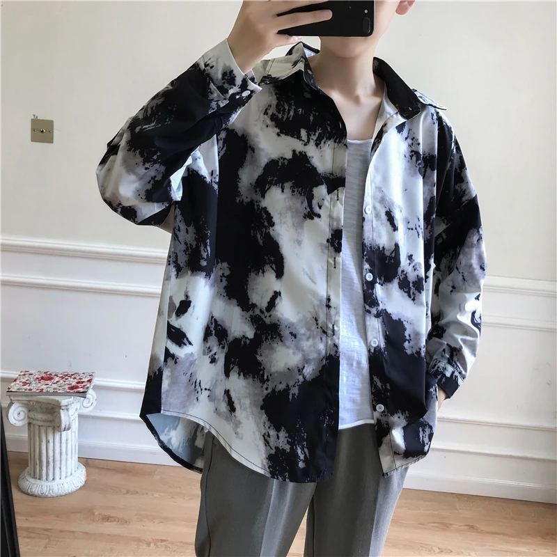 

2019 Early Autumn Male Long Sleeve Printing Ink Painting streetwear Thin Shirt Tide Easy Striped Hand-painted Japan Style Black