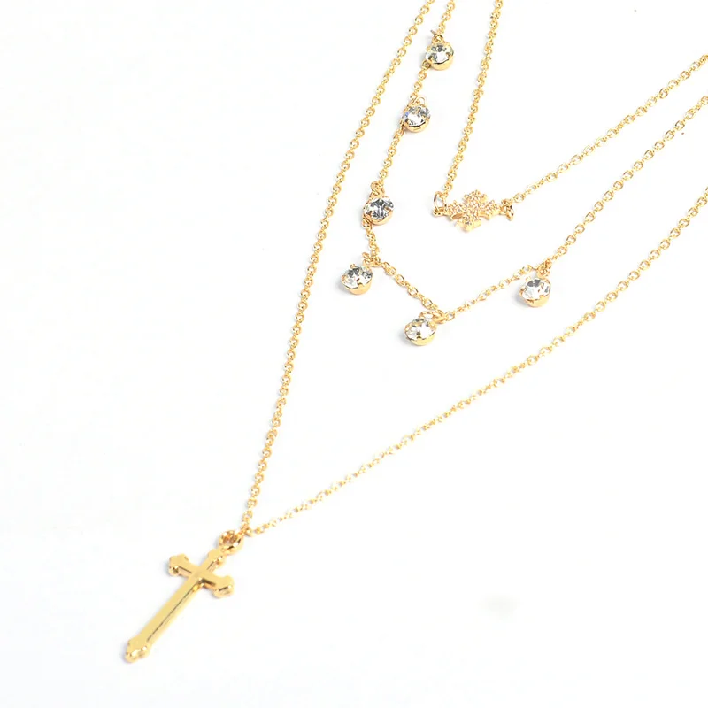 Olowu Золото Цвет 3 многослойное ожерелье с кулоном кубический цирконий крест воротник ожерелье s для женщин Элегантный ключицы колье ювелирные изделия