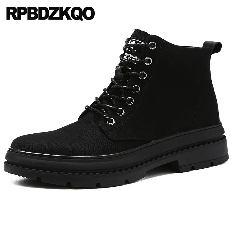 

Ankle Boots High Sole Military Canvas Shoes Top Platform Booties Fur Lined Army Flat Men Thick Soled Combat Winter Faux Black