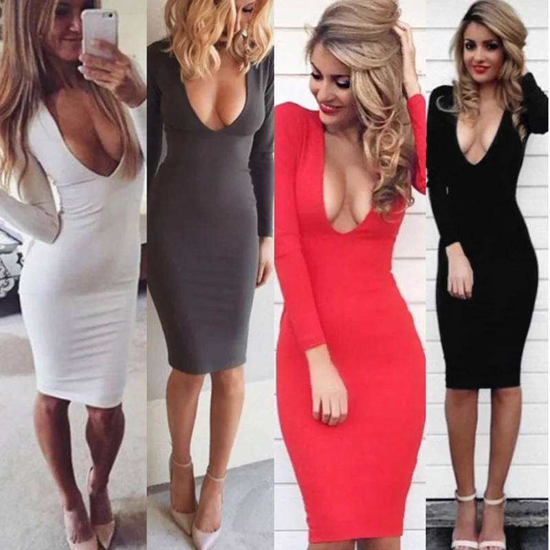 

Hot Selling Autumn Sexy Women Long-sleeved Deep V-neck Tight-fitting Dress Sheath Knee Length Dress for Women Sexy Dress